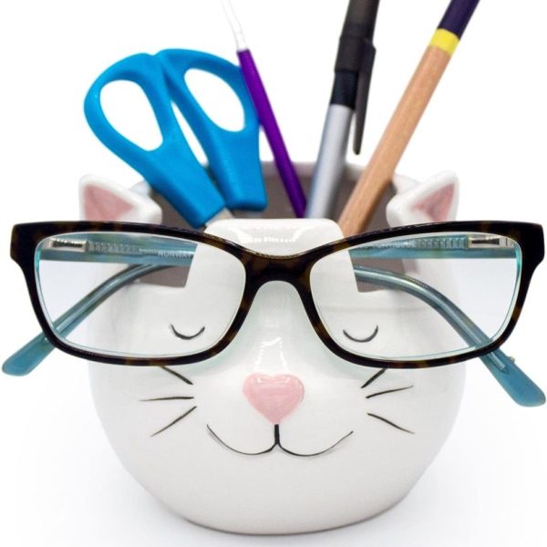 Luvberries White Ceramic Cat Eyeglasses Stand & Vase - Desk Organizer for Sunglasses, Stationary & Cat Lover Gifts