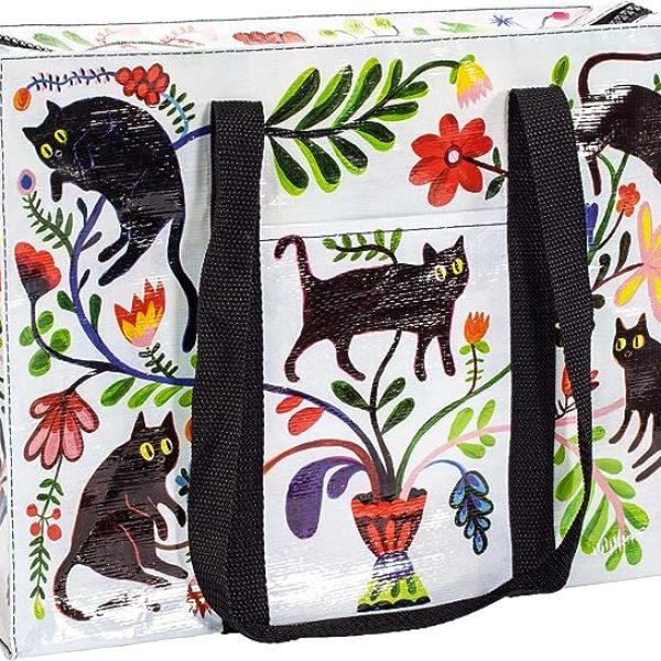 Blue Q Shoulder Zipper Tote: Durable Eco-Friendly Bag with Stylish Black Cat 🐾& Floral Design