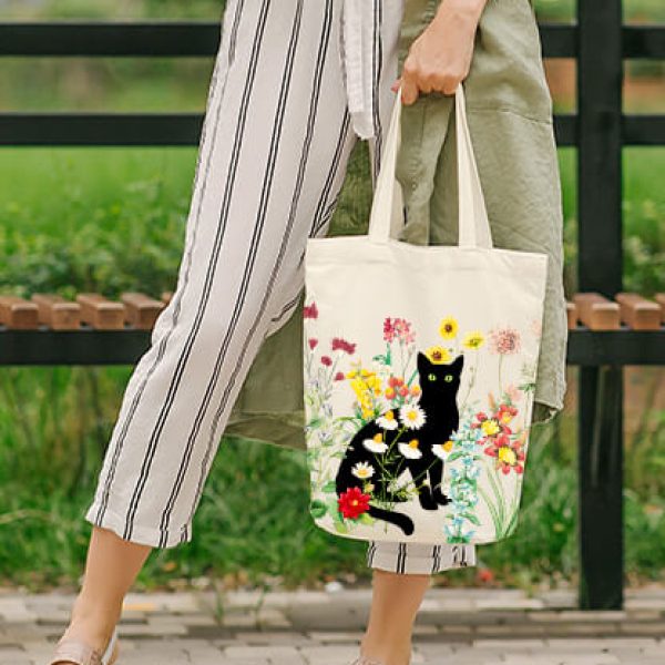 Versatile Black Cat and Vintage Flower Tote Bag