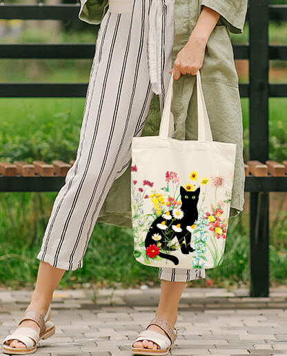 Versatile Black Cat and Vintage Flower Tote Bag