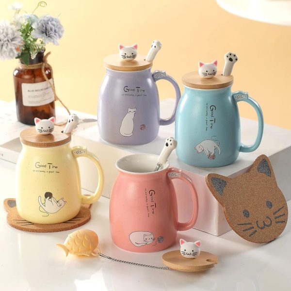 BigNoseDeer Kawaii Cat Mug: Pink 13oz Ceramic Mug with Tea Infuser & Paw Spoon